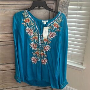 Sundance Teal Floral Embroidered Blouse